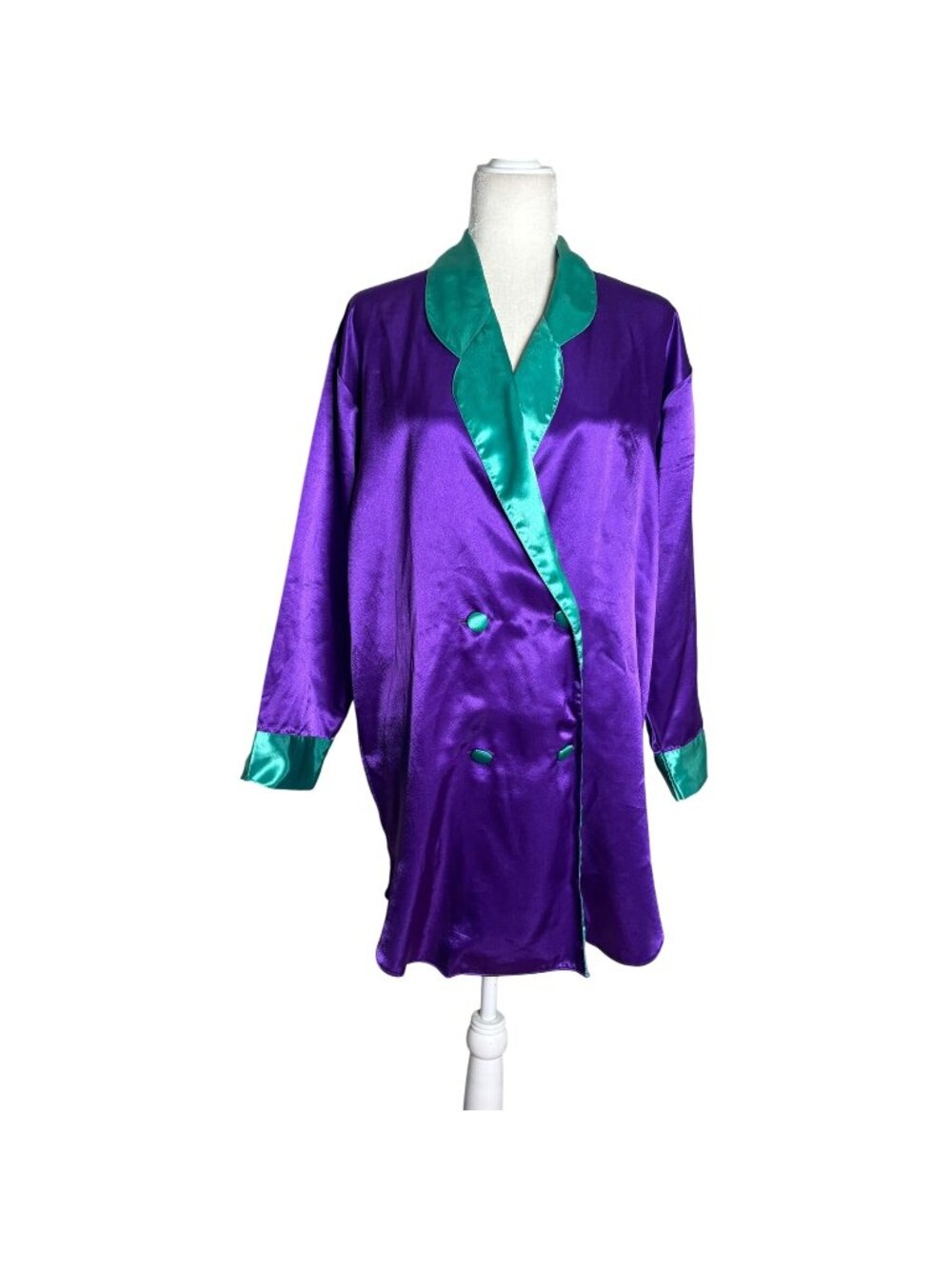 Vintage 90s Satin Double Breasted Shirt Jacket Oversized Medium Purple Teal